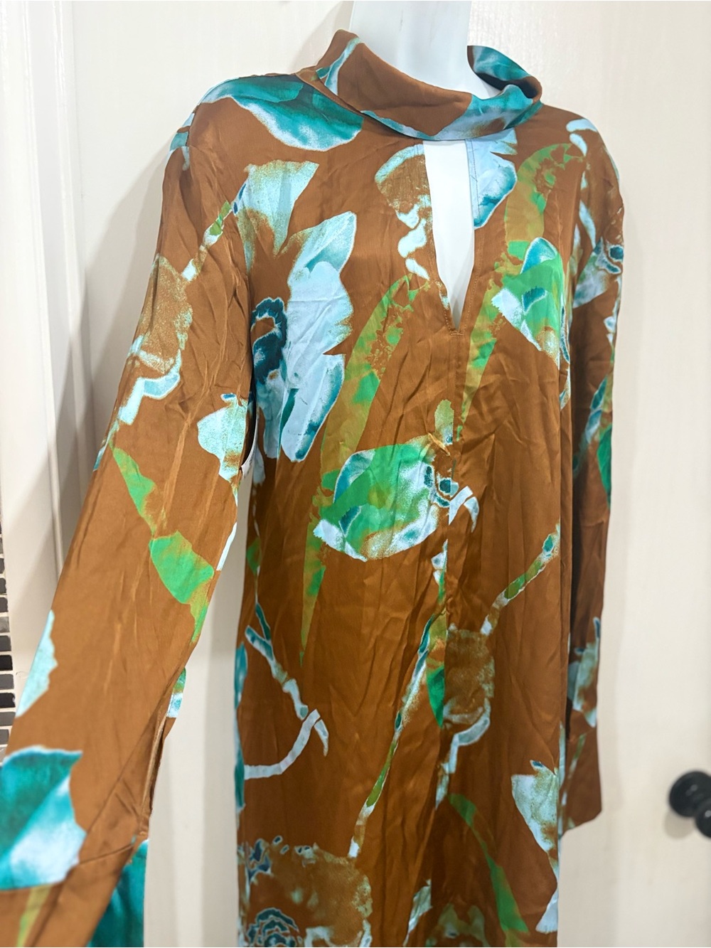 Cos Brown & Teal Floral High-Neck Long Sleeve Dress - Picture 3 of 8